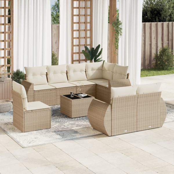 Set de sofás de jardín 9 pzas con cojines ratán sintético beige D
