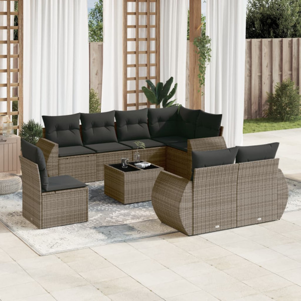 9 pcs conjunto sofás p/ jardim com almofadões vime PE cinzento D