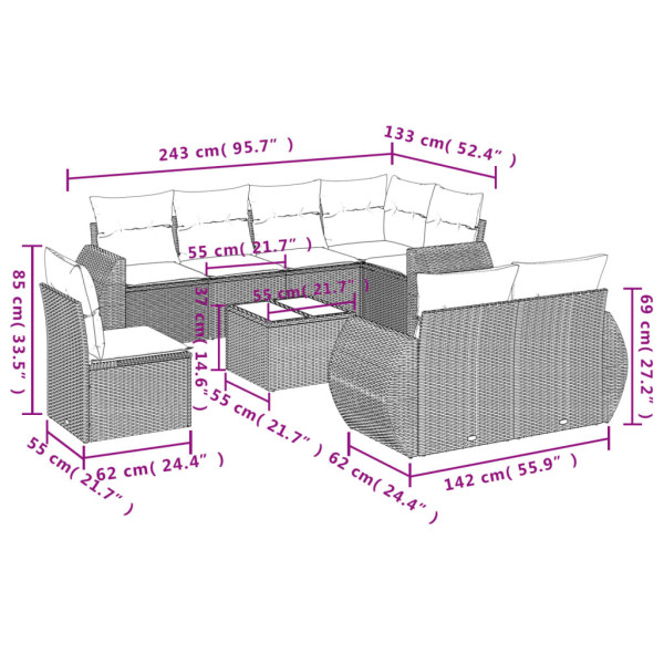 Set de muebles de jardín 9 pzas y cojines ratán sintético gris M 3