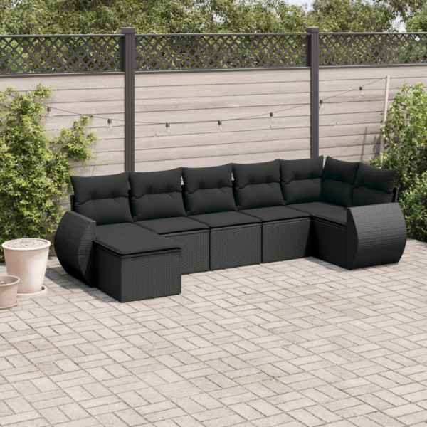 7 pcs conjunto de sofás p/ jardim c/ almofadões vime PE preto D