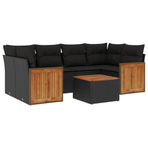 7 pcs conjunto de sofás p/ jardim c/ almofadões vime PE preto H