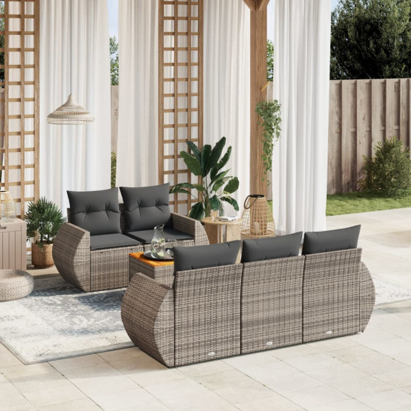 Set de muebles de jardín 6 pzas y cojines ratán sintético gris D