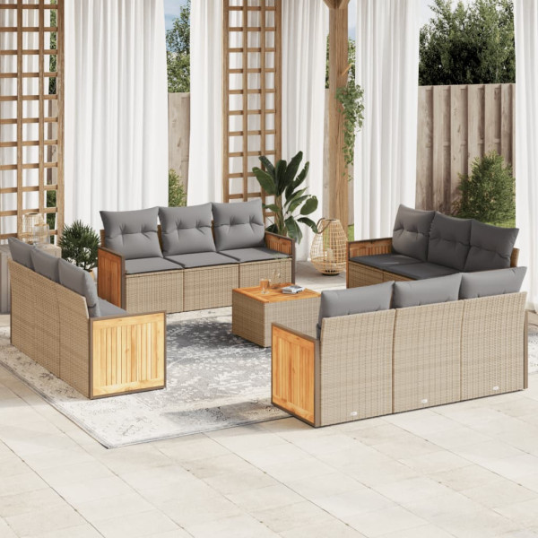 Set sofás de jardín con cojines 13 pzas ratán sintético beige D