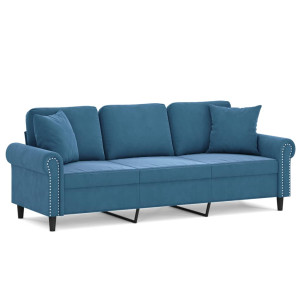 Sofá 3 lugares c/ almofadas decorativas 180 cm veludo azul H