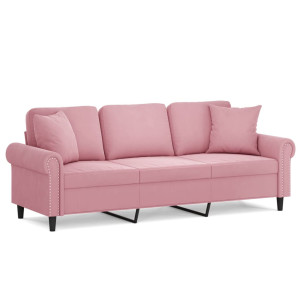 Sofá 3 lugares c/ almofadas decorativas 180 cm veludo rosa H