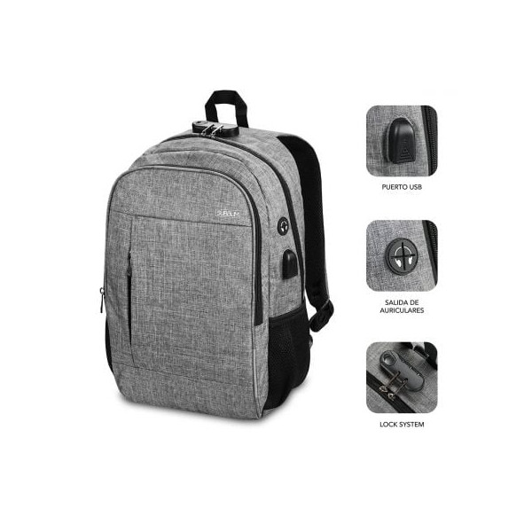 Mochila Subblim urban lock para portátiles hasta 16" gris M 2