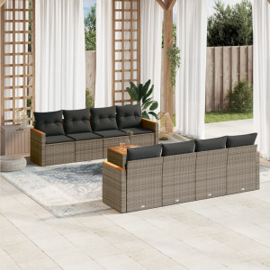 9 pcs conjunto sofás p/ jardim com almofadões vime PE cinzento H