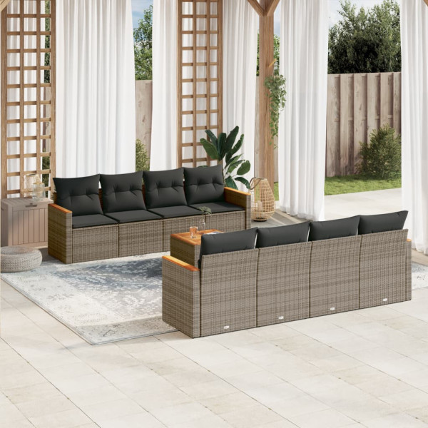 9 pcs conjunto sofás p/ jardim com almofadões vime PE cinzento M 2