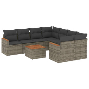9 pcs conjunto sofás p/ jardim com almofadões vime PE cinzento H