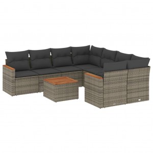 Set de muebles de jardín 9 pzas y cojines ratán sintético gris H