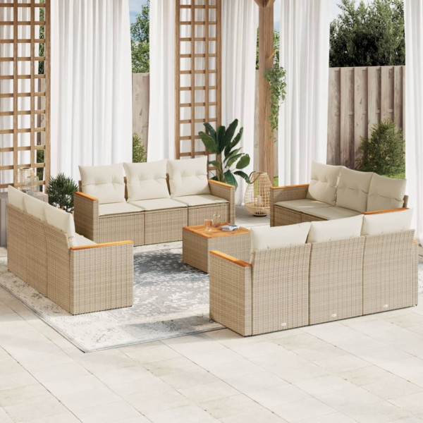 Set sofás de jardín con cojines 13 pzas ratán sintético beige D