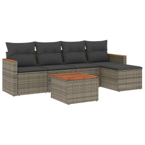 6 pcs conjunto sofás de jardim com almofadões vime cinzento H