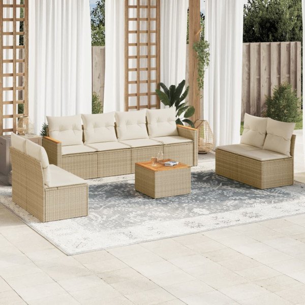 Set de sofás de jardín 9 pzas con cojines ratán sintético beige D