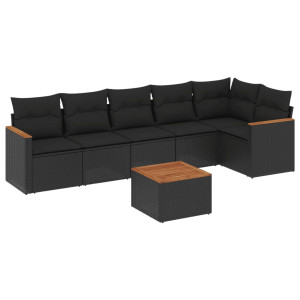 7 pcs conjunto de sofás p/ jardim c/ almofadões vime PE preto H