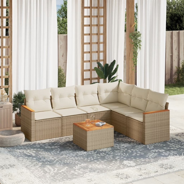 Set sofás de jardín 7 piezas y cojines ratán sintético beige D