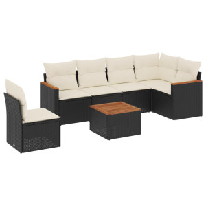 7 pcs conjunto de sofás p/ jardim c/ almofadões vime PE preto H