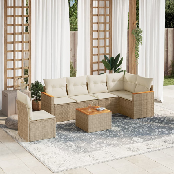 Set sofás de jardín 7 piezas y cojines ratán sintético beige D
