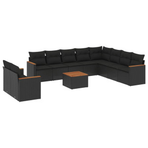 11 pcs conjunto sofás de jardim c/ almofadões vime PE preto H