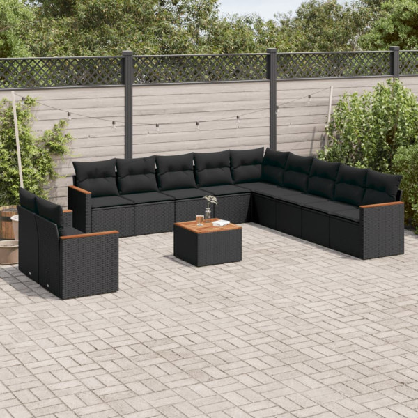 Set de sofás de jardín 12 piezas cojines ratán sintético negro D