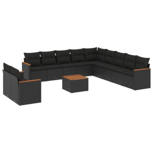 12 pcs conjunto de sofás de jardim c/ almofadões vime PE preto H