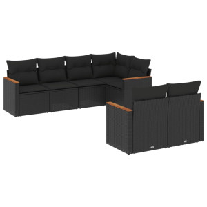 7 pcs conjunto de sofás p/ jardim c/ almofadões vime PE preto H