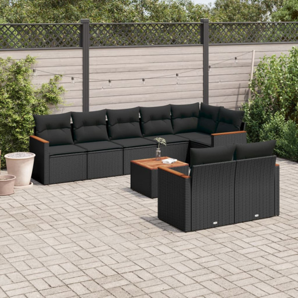 Set de sofás de jardín 8 piezas y cojines ratán sintético negro D