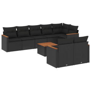 9 pcs conjunto de sofás p/ jardim c/ almofadões vime PE preto H