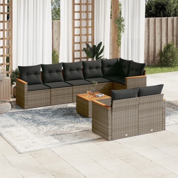 Set de muebles de jardín 9 pzas y cojines ratán sintético gris D