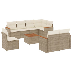 9 pcs conjunto de sofás p/ jardim com almofadões vime PE bege H