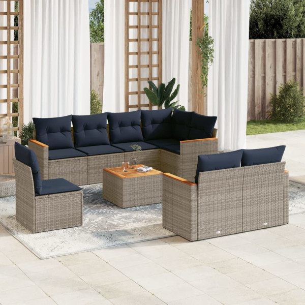 9 pcs conjunto sofás p/ jardim com almofadões vime PE cinzento D