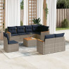 9 pcs conjunto sofás p/ jardim com almofadões vime PE cinzento 1