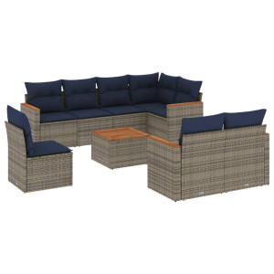 9 pcs conjunto sofás p/ jardim com almofadões vime PE cinzento H