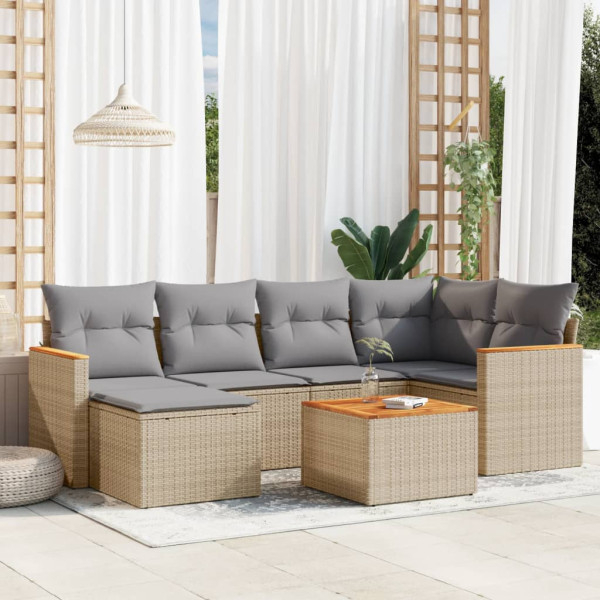 7 pcs conj. sofás jardim c/ almofadões vime PE bege misturado D