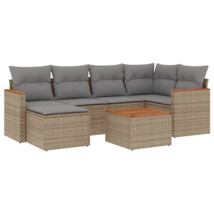 7 pcs conj. sofás jardim c/ almofadões vime PE bege misturado H