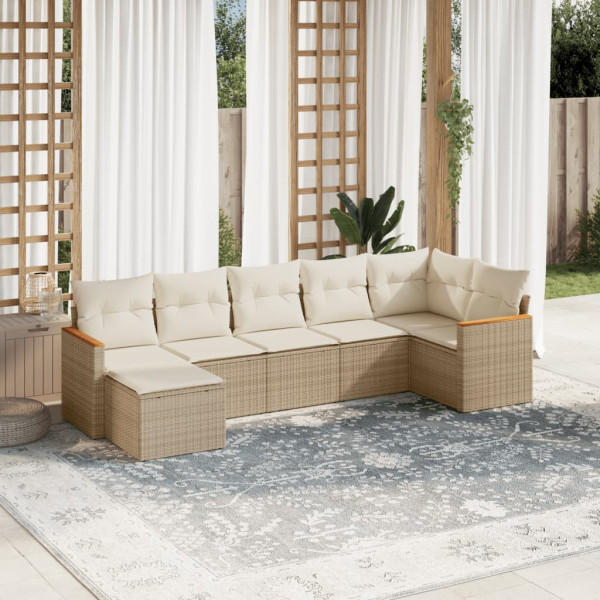 7 pcs conjunto de sofás p/ jardim com almofadões vime PE bege D