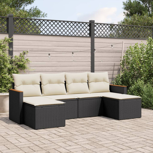 6 pcs conjunto sofás de jardim c/ almofadões vime PE preto D