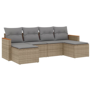6 pcs conj. sofás jardim c/ almofadões vime PE bege misturado H