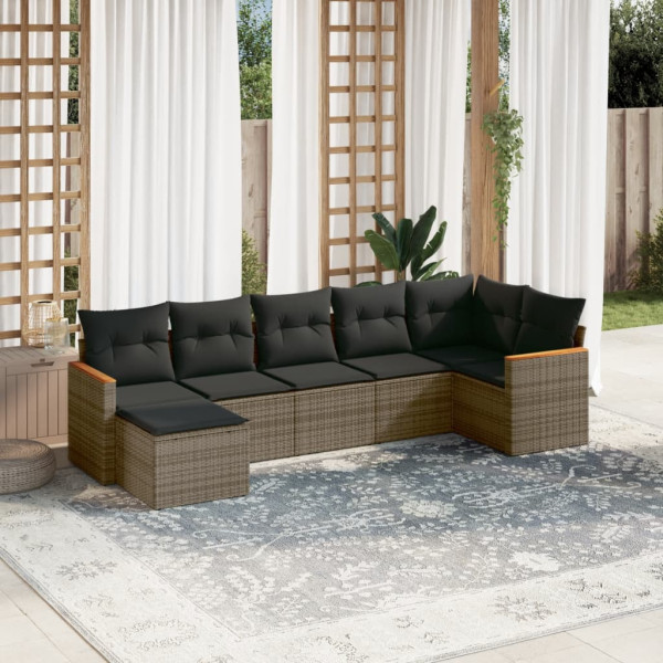 7 pcs conjunto sofás p/ jardim c/ almofadões vime PE cinzento D