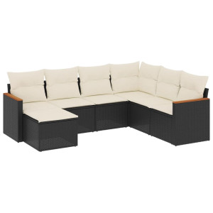 7 pcs conjunto de sofás p/ jardim c/ almofadões vime PE preto H