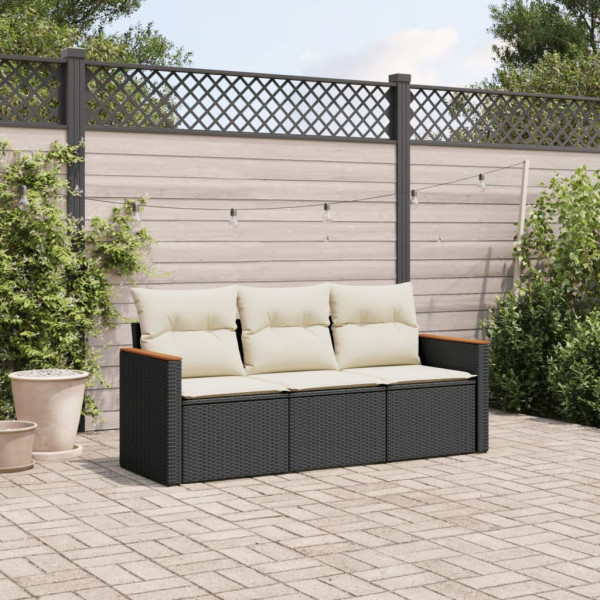 Set de sofás de jardín con cojines 3 pzas ratán sintético negro D