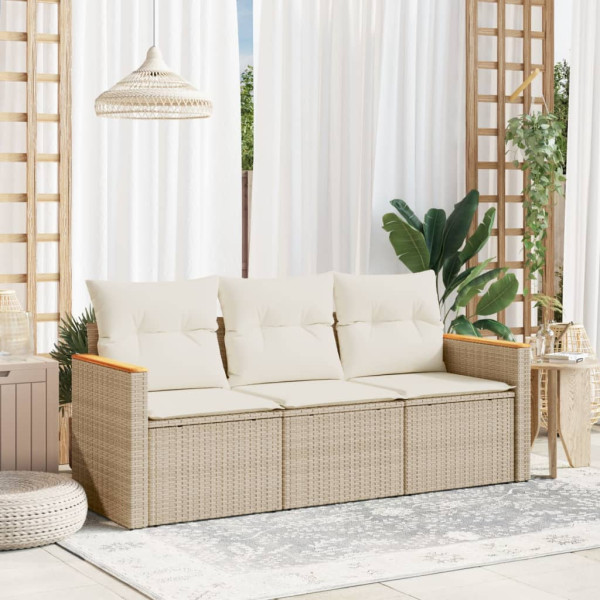 3 pcs conjunto de sofás p/ jardim com almofadões vime PE bege D