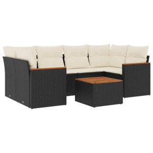 7 pcs conjunto de sofás p/ jardim c/ almofadões vime PE preto H
