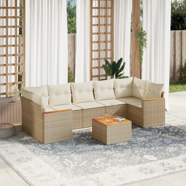 8 pcs conjunto de sofás p/ jardim com almofadões vime PE bege D