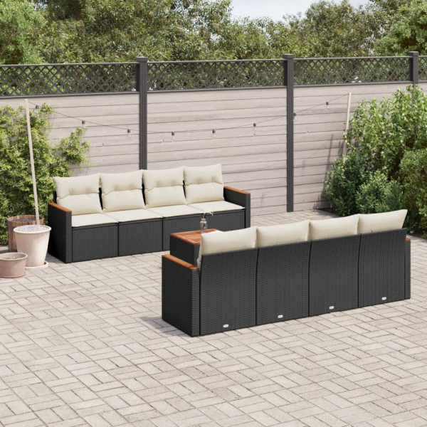 9 pcs conjunto de sofás p/ jardim c/ almofadões vime PE preto D