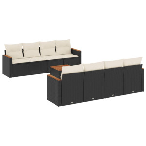 9 pcs conjunto de sofás p/ jardim c/ almofadões vime PE preto H