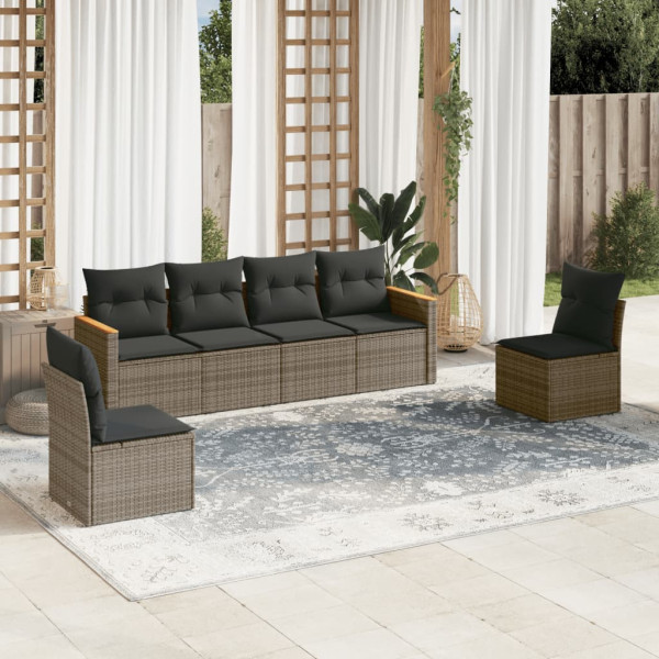 6 pcs conjunto sofás de jardim com almofadões vime cinzento D