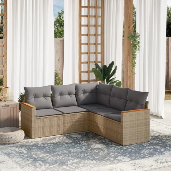 Juego de sofás jardín con cojines beige mezcla 5 pzas ratán PE D