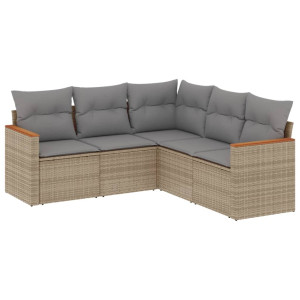 5 pcs conj. sofás jardim c/ almofadões vime PE bege misturado H