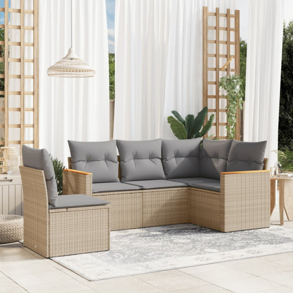 Juego de sofás jardín con cojines beige mezcla 5 pzas ratán PE D