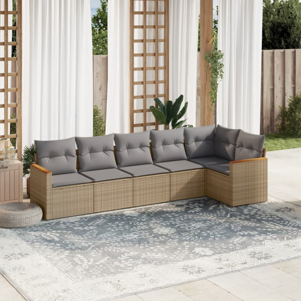 6 pcs conj. sofás jardim c/ almofadões vime PE bege misturado D